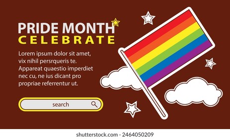 Landing page celebrating LGBT Pride month in June. Lesbians, gays, bisexuals, transsexuals. LGBT flag and heart. Rainbow love concept. Human rights and tolerance. Poster, postcard, banner.