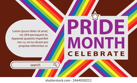 Landing page celebrating LGBT Pride month in June. Lesbians, gays, bisexuals, transsexuals. LGBT flag and heart. Rainbow love concept. Human rights and tolerance. Poster, postcard, banner.