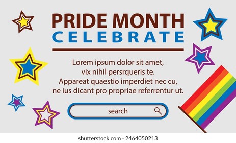 Landing page celebrating LGBT Pride month in June. Lesbians, gays, bisexuals, transsexuals. LGBT flag and heart. Rainbow love concept. Human rights and tolerance. Poster, postcard, banner.