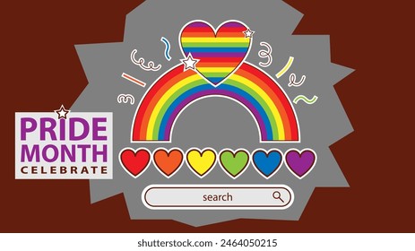 Landing page celebrating LGBT Pride month in June. Lesbians, gays, bisexuals, transsexuals. LGBT flag and heart. Rainbow love concept. Human rights and tolerance. Poster, postcard, banner.