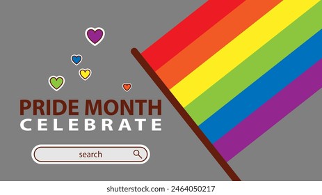 Landing page celebrating LGBT Pride month in June. Lesbians, gays, bisexuals, transsexuals. LGBT flag and heart. Rainbow love concept. Human rights and tolerance. Poster, postcard, banner.