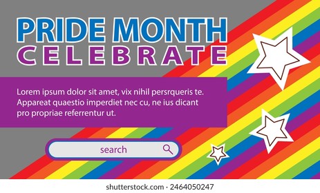 Landing page celebrating LGBT Pride month in June. Lesbians, gays, bisexuals, transsexuals. LGBT flag and heart. Rainbow love concept. Human rights and tolerance. Poster, postcard, banner.