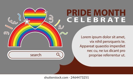 Landing page celebrating LGBT Pride month in June. Lesbians, gays, bisexuals, transsexuals. LGBT flag and heart. Rainbow love concept. Human rights and tolerance. Poster, postcard, banner.