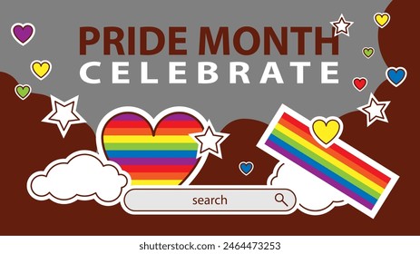 Landing page celebrating LGBT Pride month in June. Lesbians, gays, bisexuals, transsexuals. LGBT flag and heart. Rainbow love concept. Human rights and tolerance. Poster, postcard, banner.