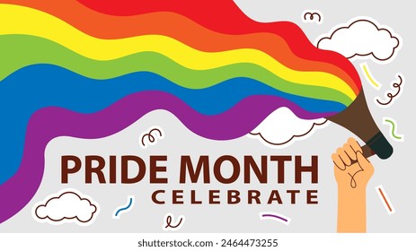 Landing page celebrating LGBT Pride month in June. Lesbians, gays, bisexuals, transsexuals. LGBT flag and heart. Rainbow love concept. Human rights and tolerance. Poster, postcard, banner.