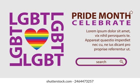 Landing page celebrating LGBT Pride month in June. Lesbians, gays, bisexuals, transsexuals. LGBT flag and heart. Rainbow love concept. Human rights and tolerance. Poster, postcard, banner.