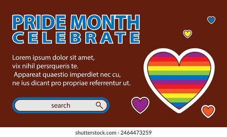 Landing page celebrating LGBT Pride month in June. Lesbians, gays, bisexuals, transsexuals. LGBT flag and heart. Rainbow love concept. Human rights and tolerance. Poster, postcard, banner.