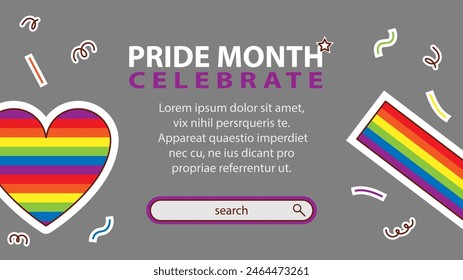 Landing page celebrating LGBT Pride month in June. Lesbians, gays, bisexuals, transsexuals. LGBT flag and heart. Rainbow love concept. Human rights and tolerance. Poster, postcard, banner.