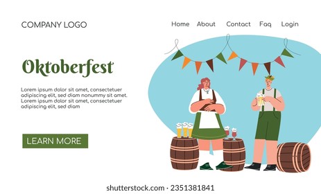 Página de inicio. Celebración del Festival de Cervezas Oktoberfest. Ilustración de vectores planos de concepto de plagas. Los personajes masculinos y femeninos llevan traje bávaro y bailes de vestir celebran el Festival de Cerveza.