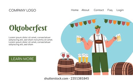 Página de inicio. Celebración del Festival de Cervezas Oktoberfest. Ilustración de vectores planos de concepto de plagas. Los personajes masculinos y femeninos llevan traje bávaro y bailes de vestir celebran el Festival de Cerveza.