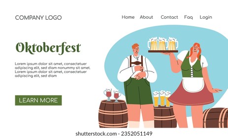 Página de inicio. Celebración del Festival de Cervezas Oktoberfest. Ilustración de vectores planos de concepto de plagas. Los personajes masculinos y femeninos llevan traje bávaro y bailes de vestir celebran el Festival de Cerveza.