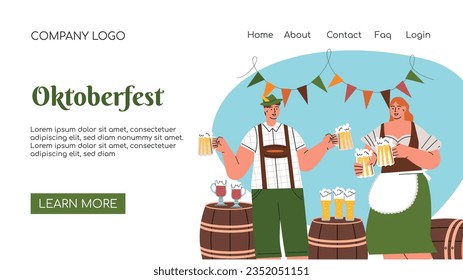 Página de inicio. Celebración del Festival de Cervezas Oktoberfest. Ilustración de vectores planos de concepto de plagas. Los personajes masculinos y femeninos llevan traje bávaro y bailes de vestir celebran el Festival de Cerveza.