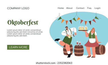 Página de inicio. Celebración del Festival de Cervezas Oktoberfest. Ilustración de vectores planos de concepto de plagas. Los personajes masculinos y femeninos llevan traje bávaro y bailes de vestir celebran el Festival de Cerveza.