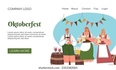 Página de inicio. Celebración del Festival de Cervezas Oktoberfest. Ilustración de vectores planos de concepto de plagas. Los personajes masculinos y femeninos llevan traje bávaro y bailes de vestir celebran el Festival de Cerveza.