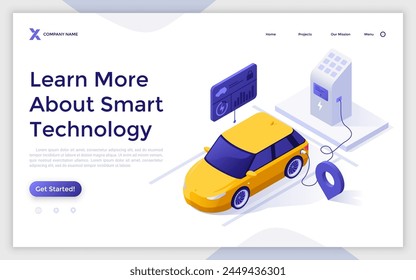 Landing page with charging EV at electric energy station marked with map pin. Smart car concept isometric vector illustration. Monitoring automobile condition via mobile app 3d composition