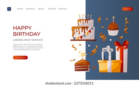 Landing page with chocolate cake, cupcake, bunch of gifts, gold confetti. Birthday party, celebration, holiday, event, festive, festive, bakery, tasty food concept. Vector for banner, website.