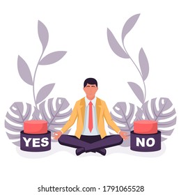 Landing page choice of Yes or No. Businessman before a choice. Decision business metaphor. Vector flat style design. Isolated on background.