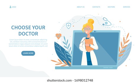 Landing page "choose your doctor' offering online medical consultation. Professional telemedicine and healthcare concept. Vector Illustration