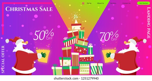 Landing page Christmas sale colorful design. Two smiling Santa's decorate Christmas tree with gift boxes. Can use for web banner. Flat isometric vector illustration violet and ultraviolet background.