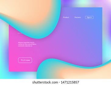 Landing page. Circle app, screen layout. Vivid gradient mesh. Holographic 3d backdrop with modern trendy blend. Landing page with liquid dynamic elements and fluid shapes.