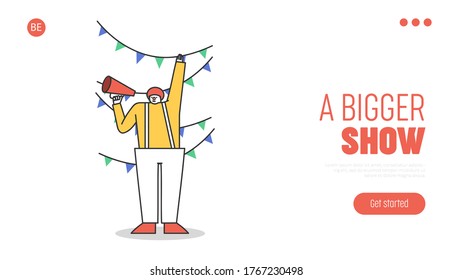 Landing page for circus show with funny cartoon clown in with and with red nose shouting in loudspeaker. Comedy carnival event or comic festival concept. Flat vector illustration