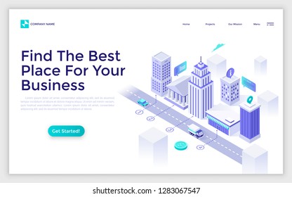 Landing page with city street, skyscrapers, modern downtown buildings and place for text. Commercial real estate for business. Isometric vector illustration for service website, advertisement.
