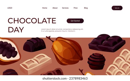 Landing page with cocoa bean, dark, white chocolate bar pieces, candy. Chunks and blocks of brown chocolate. Milk sweet dessert, cooking ingredient for confectionery shop. Vector for banner, website