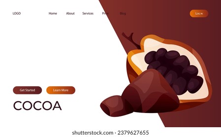 Landing page with cocoa bean, pile of ground cacao powder. Chunks and blocks of brown chocolate. Milk sweet dessert, cooking ingredient for confectionery shop. Vector for banner, website
