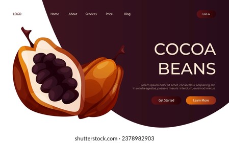 Landing page with cocoa plant bean, raw seeds, pod. Chunks and blocks of brown chocolate. Milk sweet dessert, cooking ingredient for confectionery shop. Vector for banner, website