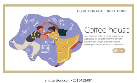 Landing page coffee house, coffe lovers, coffee drinker. Background, template, web. Girl and guy drinking coffee, cocoa on brotherhood, couple, romantic encounter. Hand drawn vector illustration. 