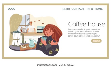 Landing page café, xícaras de chá, canecas. Uma garota com uma xícara de café em seu suéter está esquentando, tomando chá, tomando café. Plano de fundo, modelo, web. Ilustração de vetor desenhada à mão. 