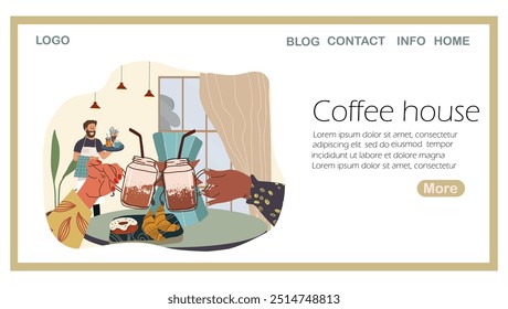 Landing page coffee house, tea cups, mugs. Hands holding tea cups. Coffee mugs cheers. Girls friends, couple drinking hot beverage, hand drawn Breakfast gathering, meeting in cafe, restaurant.