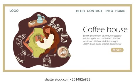 Landing page coffee house, tea cups, mugs.Character of a girl in a dress, top view, drinking coffee, cocoa, hot chocolate. Doodles coffee brewing supplies. Hand drawn vector illustration. 