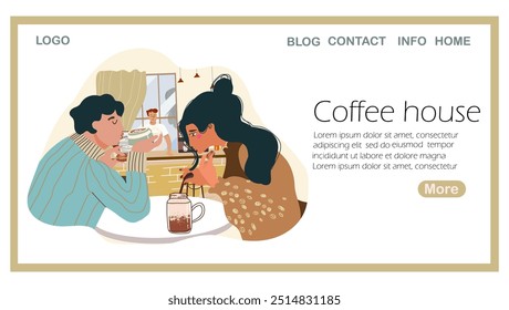Landing page café, xícaras de chá, canecas. Um cara e uma garota estão tomando café dentro de um café, conversando. Os personagens são do sexo masculino, feminino. Ilustração de vetor desenhada à mão. 
