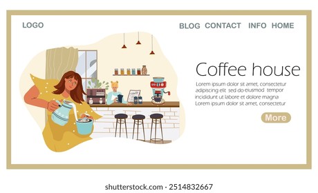 Landing page coffee house, tea cups, mugs. Girl in dress pouring milk into a cup of coffee, creamer, girl's character, cute, cafe inside, bar counter. Hand drawn vector illustration. 