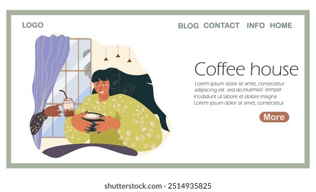 Landing page coffee house, tea cups, mugs. Hand holding tea cups. Coffee mugs cheers. Girls friends, couple drinking hot beverage, hand drawn. Girl character. Flat graphic vector illustration.