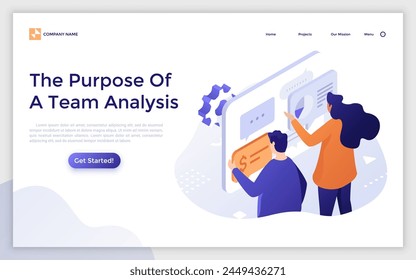 Landing page with colleagues man and woman prepare report about financial analytics. Business communication concept isometric vector illustration. E commerce development specialists 3d composition