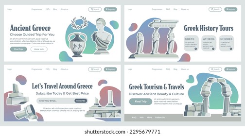 Colección de páginas de aterrizaje con un antiguo tour grecia. Publicidad turística griega en conjunto de banners web, ilustración vectorial. Diseño de sitios web con monumentos clásicos, oferta de paquetes de viajes