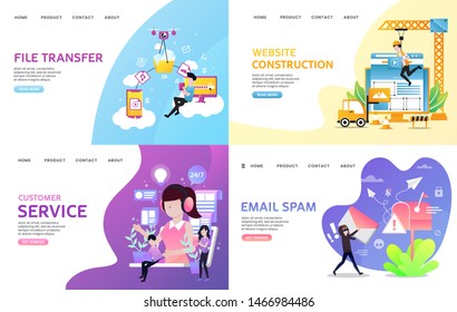 Landing page collection with file transfer, website construction, customer service and email spam