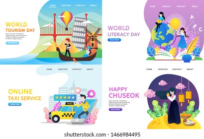 Landing Page Collection Holiday Edition With Online Taxi Service, World Literacy Day, World Tourism Day And Cfhuseok Day