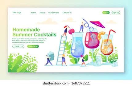 Landing page concept about making homemade summer cocktails. Flat people characters, bartender, making bright and tasty cocktails using the bartender’s tools. DIY homemade cocktail recipes. 