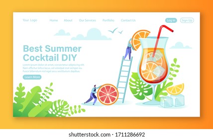 Landing page concept about making homemade summer cocktails. DIY homemade cocktail recipes. Flat cartoon people characters, bartender, making bright and tasty cocktails with summer fruits.