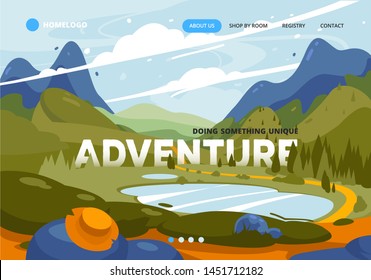 Landing page concept. Adventure illustration with mountains for website design, travel on hiking trails banner.  Summer landscape lake in the mountains, tourist site for Norway, Alaska.