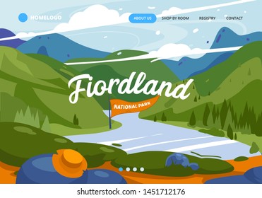 Landing page concept. Amazing mountains landscape vector illustration for website. Minimalist landscape scene banner design. Fiordland national park. Nature, Travel on hiking trails site template. 