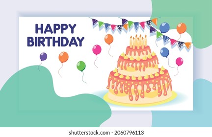 Landing page concept with birthday celebration theme. Big cake, balloons, festive atmosphere. Birthday party celebration