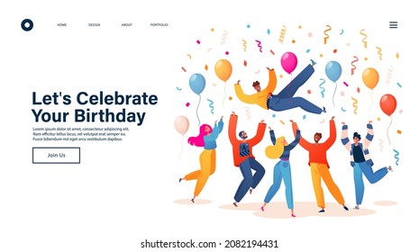 Landing page concept with birthday party theme. People celebrate reaching victory. Birthday celebration with friends. Flat cartoon style vector characters of men and women tossing man in air. 