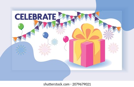 Landing page concept with celebration theme. Great gift, balloons, festive atmosphere