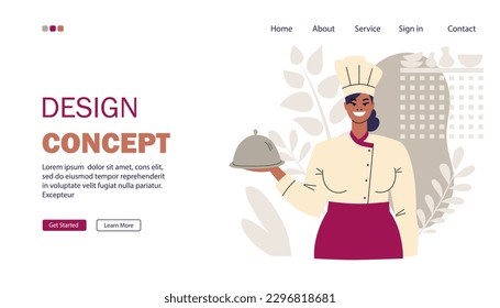 Landing Page Konzept mit Chef. Eine schwarze Köchin hält ein Uhrengericht in der Hand. Kochen. Der Chefkoch in einer Toque und Uniform lächelt. Flacher Stil. Vektorgrafik.