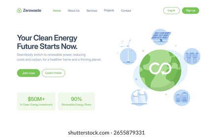 A landing page concept for clean energy, featuring the Earth with a circular economy symbol surrounded by clean energy sources like solar panels and wind turbines.