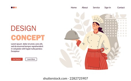 Landing page concept, cooking website design. A female chef holds a cloche dish in her hand. Smiling woman in toque and uniform. Flat style. Vector illustration.